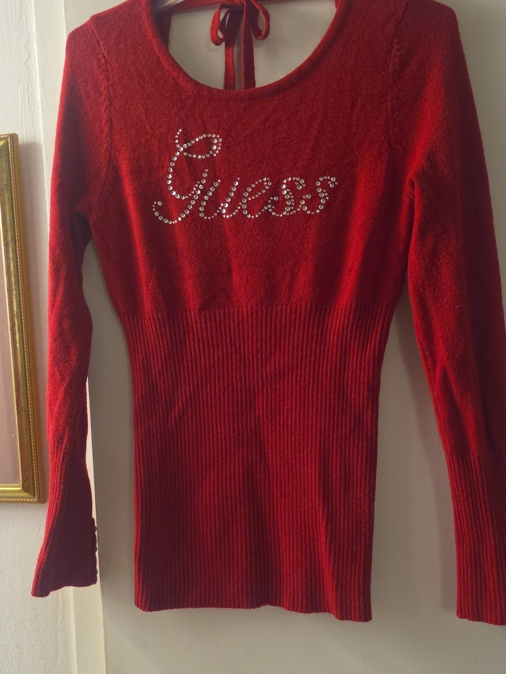 Guess Red Rhinestone Logo Tie-Back Scoop Neck Sweater